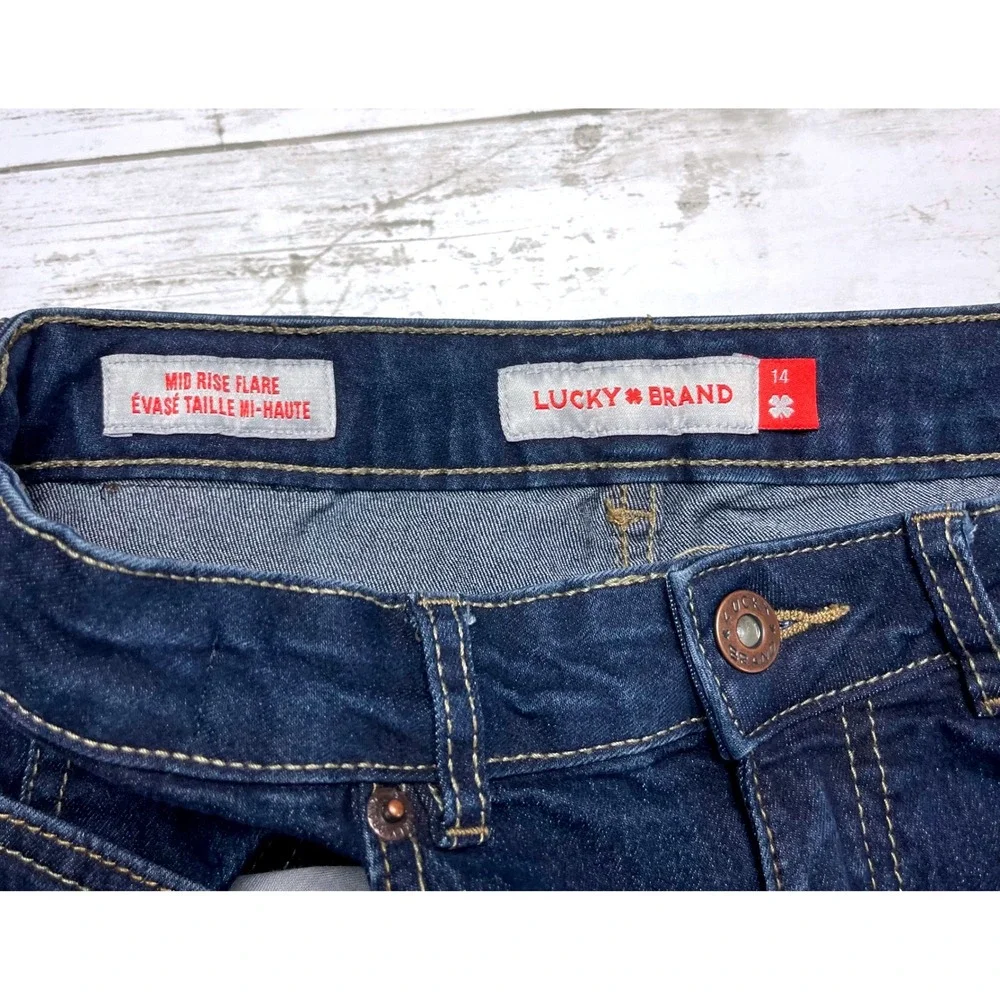 Lucky Brand Youth Girls 14 Mid Rise Flare‎ Jeans Blue Denim Stretch Raw Hem